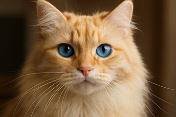 Riga, Latvia 05-09-2024 A ginger cat with striking blue eyes gazes intently into the camera lens
