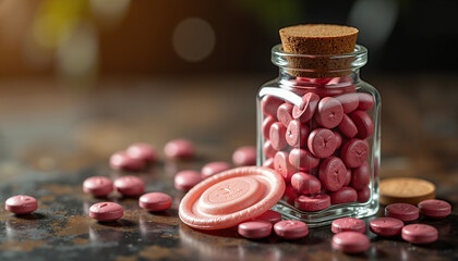 Pink pills in glass jar with cork lid on dark surface