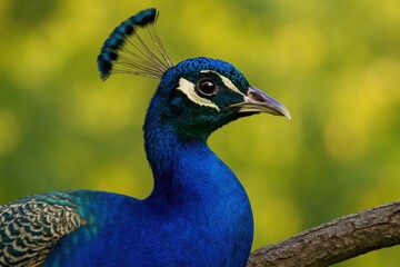 Riga, Latvia 05-09-2024 A vibrant blue peacock stands out against a soft green backdrop, its striking plumage capturing the essence of nature's artistry