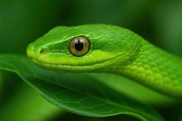 Fototapeta premium Riga, Latvia 05-09-2024 A serene green snake gazes calmly from its leafy hide, embodying the tranquility of nature