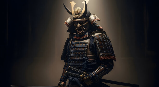A stoic Samurai warrior, clad in ornate ancient armor and a menacing oni mask, stands poised in dramatic shadow and light. His katana rests at his side.