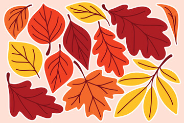 Vibrant fall leaves in red, orange and yellow tones on beige background featuring a variety of decorative seasonal leaf shapes