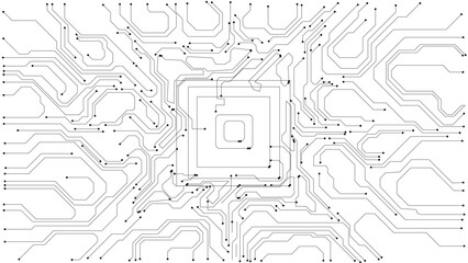Abstract technology background. Gold circuit lines and connected dots on dark tech bg.  printed circuit board
