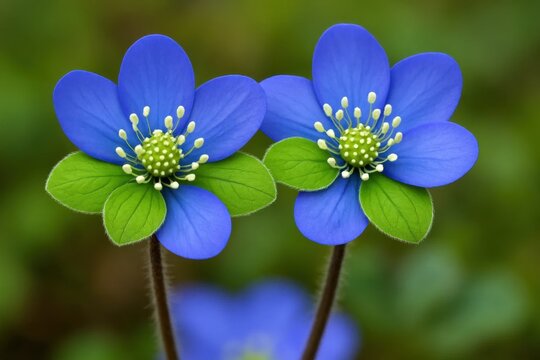 Riga, Latvia 05-09-2024 Amidst the verdant embrace of nature, two vibrant blue flowers stand out with their pristine white centers, a testament to the beauty found in simplicity