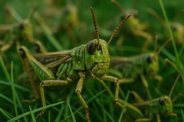 Fototapeta premium Riga, Latvia 05-09-2024 A close-up of a grasshopper in its natural habitat, surrounded by other hoppers, highlighting their vibrant green color and detailed anatomy