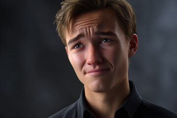 Obraz premium Young man with emotional expression reflecting sadness during a portrait session in a studio