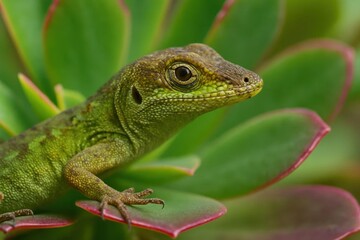 Naklejka premium Riga, Latvia 05-09-2024 A vibrant green gecko perches on a succulent plant, its eyes gleaming with curiosity