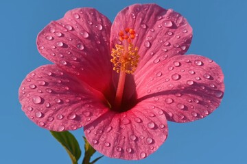 Riga, Latvia 05-09-2024 A Hibiscus Flower in Full Bloom Against a Clear Blue Sky