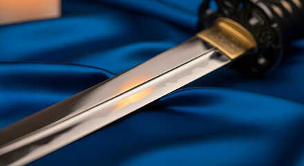 Naklejka premium Gleaming Samurai Sword rests on rich blue silk, its polished blade reflecting a warm, subtle light. A testament to craftsmanship and history.