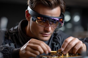 Engineer working on advanced technology with augmented reality glasses in a modern lab setting