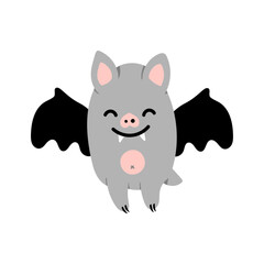 Cute cartoon Halloween bat character. Funny Vector smiling grey vampire bat with fangs and wings isolated on white background. Clipart for decoration, spooky design element, sticker, greetings print.