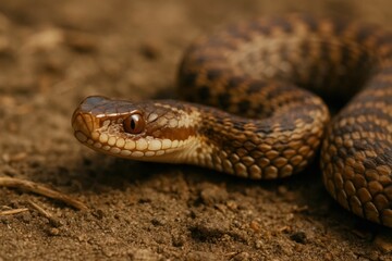 Obraz premium Riga, Latvia 05-09-2024 the intricate patterns of a brown snake on a sandy terrain