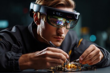 Technician assembling electronics with smart glasses in a modern workshop