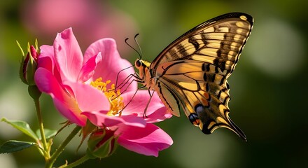 Naklejka premium Stunning Close-up of a Swallowtail Butterfly on a Pink Rose