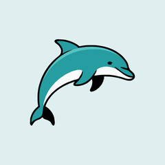 Fototapeta premium Cute friendly cartoon dolphin happily jumping on a light blue background with spaces for text