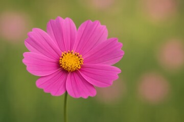 Riga, Latvia 05-09-2024 A solitary pink cosmos flower stands out against a softly blurred green backdrop, symbolizing beauty in simplicity