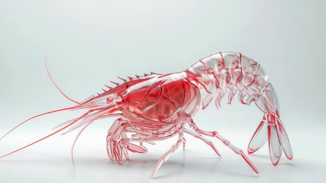 A single shrimp with a vibrant red shell sitting on a white background, perfect for use in food, nature, or science related contexts