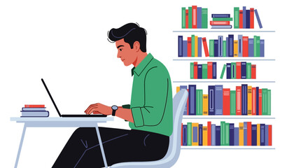 Man in green shirt working on laptop with colorful bookshelf behind.