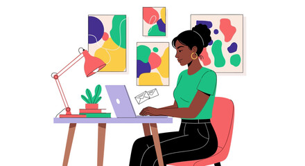 Focused Black Woman Working on Laptop in Artistic Home Office.