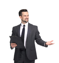 Professional psychologist with clipboard on white background