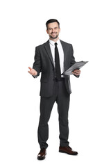 Professional psychologist with clipboard on white background