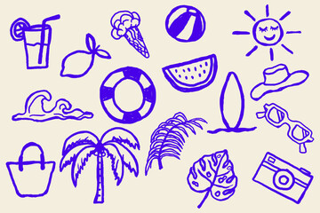Hand Drawn Whimsical Summer Vacation Isolated Background.