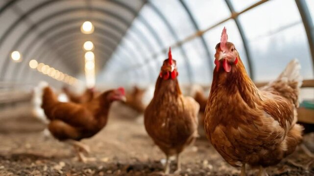 Inside a modern free-range layer house wide-aperture shot at chicken eye-level Foreground two brown layer hens red combs amber feathers slightly in focus standing on soft litter Mid