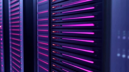 Server racks with blinking lights in a data center room - Powered by Adobe