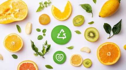 Eco-labeled, vibrant fruits against a white backdrop.