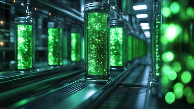 Futuristic biotechnology lab with glowing green microalgae photobioreactor tubes arranged in rows. Bubbles rise in synchronized motion inside transparent columns under artificial lighting.