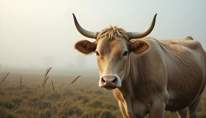 Head-On View of a Horned Cow on Grass in a Foggy, Peaceful Field