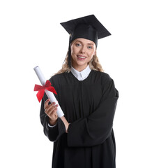 Happy student with diploma after graduation on white background