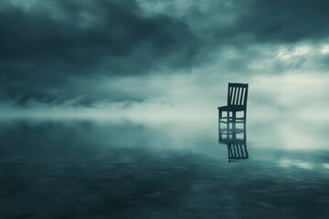 detailed color image of single chair reflecting on a water surface on a stormy day