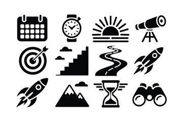 Calendar watch sunrise telescope target stairs winding road rockets mountains hourglass binoculars