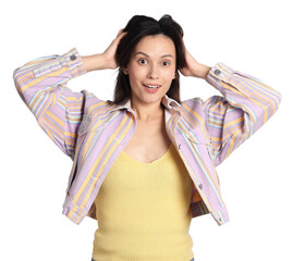 Portrait of surprised woman on white background