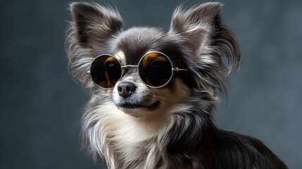 Fototapeta premium Long-Haired Chihuahua Wearing Sunglasses Posing Confidently on City Street perfect for pet fashion campaigns, urban lifestyle blogs, dog accessories branding and humorous greeting cards