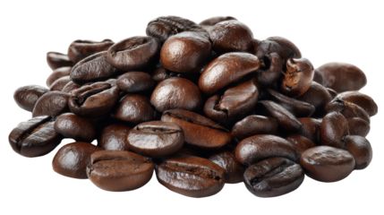 A pile of fresh, roasted coffee beans on a white isolated background, perfect for coffee lovers and enthusiasts.
