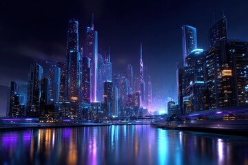 Obraz premium Bright neon skyline reflects on tranquil water at night, showcasing modern architecture in a vibrant urban landscape