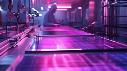 Tandem perovskite-silicon solar cell production in a cleanroom environment, featuring purple-blue UV curing lights, slot-die coating on glass wafers, and a futuristic high-tech atmosphere. - Powered by Adobe