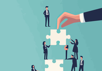 Business team collaboration teamwork concept with giant hand placing final puzzle piece connecting professional colleagues in formal suits flat vector illustration