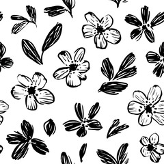 Hand drawn black and white abstract floral pattern with stylized flowers and leaves seamless vector background for spring and nature design