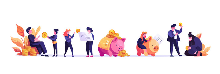 Fototapeta premium Young people saving money with piggy banks, stacking coins, investing, and reviewing financial documents in flat minimalist style vector illustration