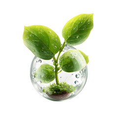 Obraz premium Green Plant Growing in Water Bubble with Moss and Droplets on Leaves