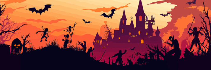 Seamless Halloween silhouette panorama with haunted castle zombies bats spooky trees and creepy graveyard under orange sunset sky vector background