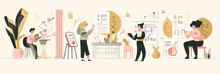 Group of diverse people analyzing financial charts and business data reports in modern office flat vector illustration for teamwork and business strategy concept