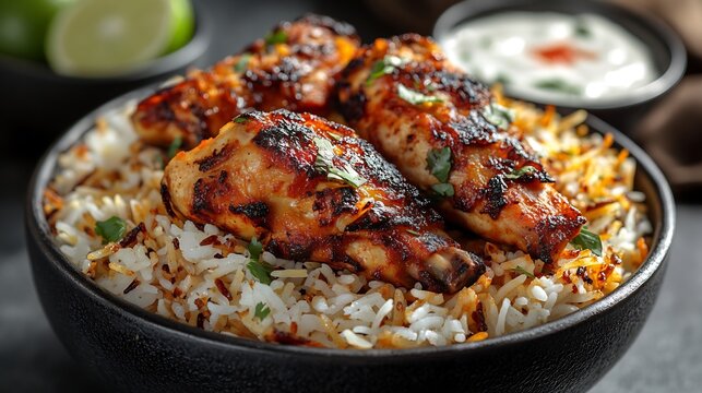 Close up of biryani with fragrant basmati rice saffron strands tender chicken pieces and fried onions accompanied by a bowl of raita and a wedge of lime