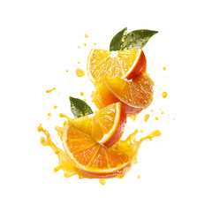 Fresh juicy orange slices with splashing juice and green leaves isolated on transparent background