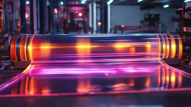 Roll-to-roll printer coats perovskite film onto flexible substrate under neon pink‑orange lighting, vapor curling across high‑tech factory line for next‑gen solar cell mass production.