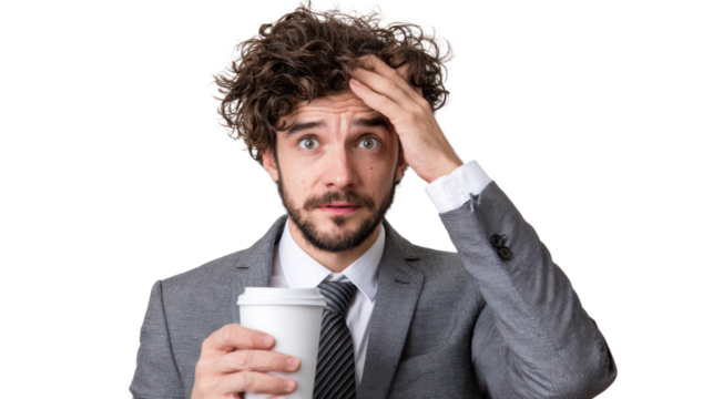 Businessman looking stressed while holding a coffee cup, isolated on white background.