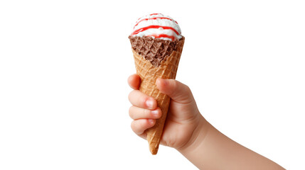 Child's hand holding a delicious ice cream cone with strawberry sauce on a white isolate background.